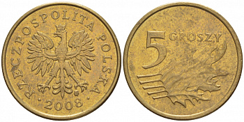 ПОЛЬША 5 ГРОШЕЙ 2008 MW KM 278 латунь UNC 4516-1166