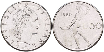 ИТАЛИЯ 50 ЛИР 1980 R, БОГ ОГНЯ ВУЛКАН У НАКОВАЛЬНИ KM 95.1 нержавеющая сталь 4525-1155