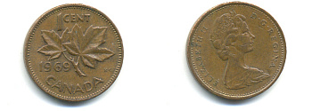 Канада 1 цент 1969 Елизавета II (1952-2022), кленовый лист KM 59.1 бронза 177-1334