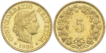 ШВЕЙЦАРИЯ 5 РАППЕНОВ 1986 В KM 26с алюминий латунь 4549-611