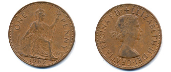 Великобритания 1 пенни 1967 Елизавета II (1952-2022) KM 897, Spink 4157 бронза 51-2334