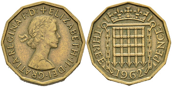 Великобритания 3 пенса 1962 Елизавета II (1952-2022) KM 900, Spink 4153 никель латунь 4561-1033