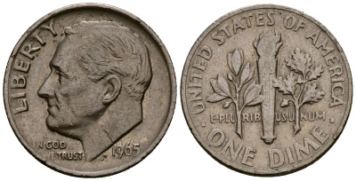 США 10 центов (дайм) 1965 Рузвельт KM 195a медь плакированная медно-никелем 4164-922