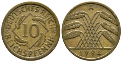 ГЕРМАНИЯ 10 РЕЙХСПФЕННИГОВ 1924 A KM 40, J. 317, Weege 9 алюминиевая бронза 4379-1041