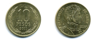 ЧИЛИ 10 ПЕСО 2011 ГЕНЕРАЛ БЕРНАРДО О ХИГГИНС KM 228.2 никель-бронза 37-1143