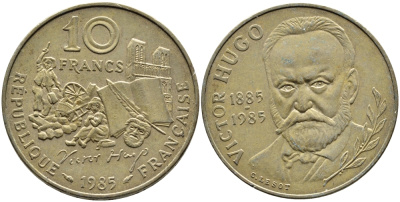 ФРАНЦИЯ 10 ФРАНКОВ 1985 ВИКТОР ГЮГО KM 956 никель латунь 4393-217