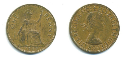 Великобритания 1 пенни 1965 Елизавета II (1952-2022) КМ 897, Spink 4157 бронза 54-2241