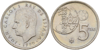 Испания 5 песет 1980 (81) Хуан Карлос I (1975 - 2014) KM 817 медно-никель 4187-1135