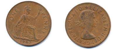 Великобритания 1 пенни 1967 Елизавета II (1952-2022) KM 897, Spink 4157 бронза 51-2334