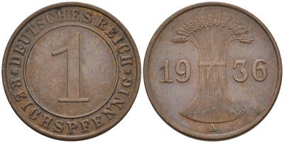 Германия 1 рейхспфенниг 1936 A KM 37, J. 313 бронза 4549-341