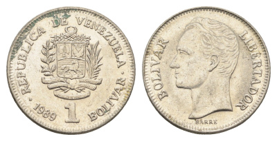 Венесуэла 1 боливар 1989 Симон Боливар, тонкий шрифт Y 52a.1 сталь плакированная никелем 4662-836