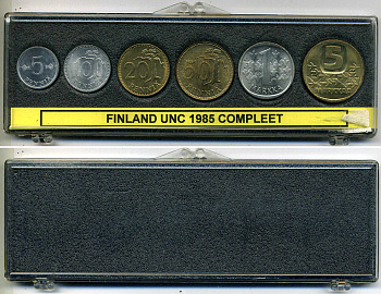 Финляндия набор из 6 монет 1985 В ПЛАСТИКОВОЙ КОРОБКЕ KM 45a-46a, 47-48, 49a, 57 UNC 00-00