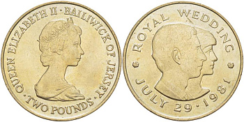 Джерси 2 фунта 1981 королевская свадьба принца Чарльза и леди Дианы Спенсер, 29 июля 1981 года KM 52 медно-никель 4527-232