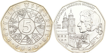 Австрия 5 евро 2006 250 лет со дня рождения Вольфганга Амадея Моцарта, Зальцбургский кафедральный собор KM 3131 серебро UNC 01-345-34