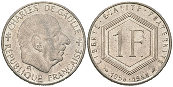 Франция 1 франк 1988 Шарль де Голль, 30 лет Пятой Республике KM 963, Le Franc 227.2 никель 4582-143