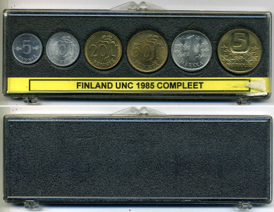 Финляндия набор из 6 монет 1985 В ПЛАСТИКОВОЙ КОРОБКЕ KM 45a-46a, 47-48, 49a, 57 UNC 00-00