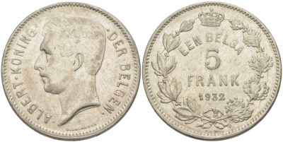 БЕЛЬГИЯ 5 ФРАНКОВ 1932 АЛЬБЕРТ I, DER BELGEN KM 98 никель 3851-415
