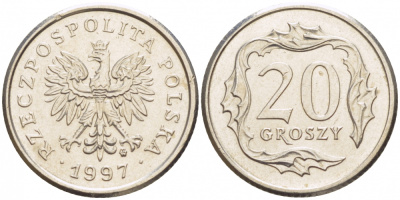 ПОЛЬША 20 ГРОШЕЙ 1997 MW KM 280 медно-никель UNC 4516-1227