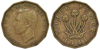 Великобритания 3 пенса 1941 Георг VI (1936-1952) KM 849, Spink 4112 никель латунь 4128-834
