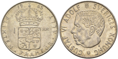 Швеция 1 крона 1965 U, Густав VI Адольф (1950-1973) KM 826 серебро 4150-154