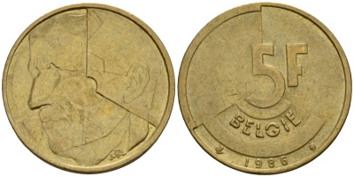 Бельгия 5 франков 1986 Belgie, Бодуэн I (1951-1993) KM 164 алюминиевая бронза 4601-257