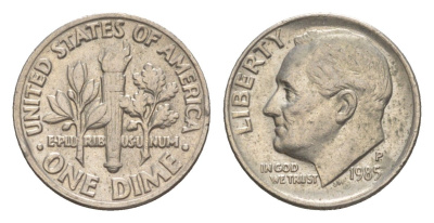 США 1 дайм (10 центов) 1985 P, президент Рузвельт KM 195a медь плакированная медно-никелем 4649-1249