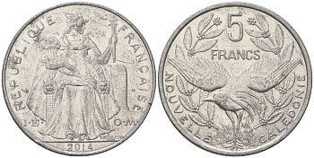 Французская Новая Каледония 5 франков 2014 птица кагу, (IEOM) KM 16, Schoen 12, Lec 81k алюминий 4117-445