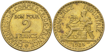 ФРАНЦИЯ 2 ФРАНКА 1925 ТИП CHAMBRES DE COMMERCE KM 877, LE FRANC 267.7 алюминиевая бронза 69-1216