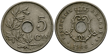 Бельгия 5 сантимов 1906 Belgie, Леопольд II (1865-1909) KM 55 медно-никель 4173-153
