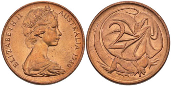АВСТРАЛИЯ 2 ЦЕНТА 1980 ЕЛИЗАВЕТА II, МОЛОДОЙ ПОРТРЕТ, ПЛАЩЕНОСНАЯ ЯЩЕРИЦА (FRILLED LIZARD) KM 63 бронза UNC 4385-926