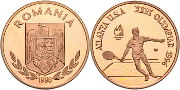 Румыния 100 леев 1996 XXVI Олимпийские игры 1996 года в Атланте, 100 лет Олимпийскому движению, большой теннис, пробный выпуск KM PnD 315.B медь  PROOF  11-156-45