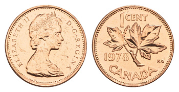 Канада 1 цент 1978 Елизавета II (1952-2022), кленовый лист KM 59.1 бронза PROOF-LIKE (BU) 4630-926