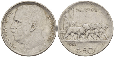 ИТАЛИЯ 50 ЧЕНТЕЗИМО 1921 R, ВИКТОР ИМАНУИЛ III, РУБЧАТЫЙ ГУРТ KM 61.2 никель 24-326