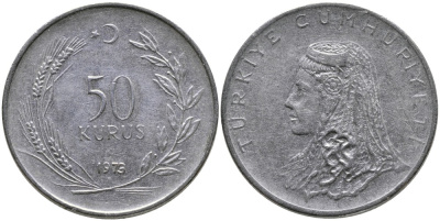 Турция 50 курушей 1973 Анатолийская невеста KM 899 нержавеющая сталь 4541-841