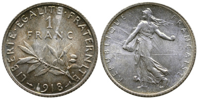 Франция 1 франк 1918 сеятель KM 844.1, Le Franc 217.24 серебро UNC 259-657