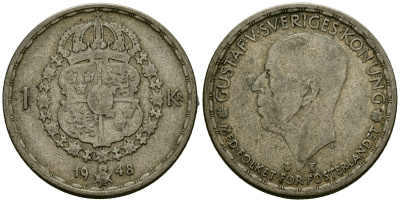 Швеция 1 крона 1948 TS, Густав V (1907-1950) KM 814 серебро 4177-952