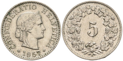 Швейцария 5 раппенов 1957 B KM 26 медно-никель 4608-446