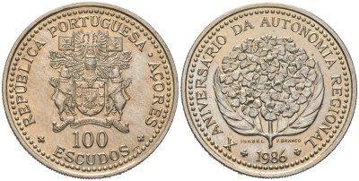 Португалия 100 эскудо 1986 10 лет автономии Азорских островов KM 45 медно-никель UNC 4140-423