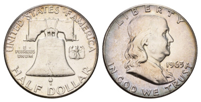 США 1/2 доллара (50 центов) 1963 Бенджамин Франклин, колокол KM 199 серебро aUNC 1527-425