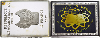 Конго 10 франков 2007 50 лет Римскому договору, прямоугольная, цветная эмаль серебро PROOF 1079-6-31