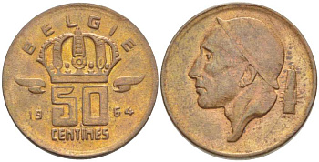 БЕЛЬГИЯ 50 САНТИМОВ 1964 BELGIE, БОДУЭН I (1951-1993) KM 149.1 бронза 206-143