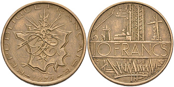 Франция 10 франков 1975 тип Матье KM 940, Le Franc 365.5-6 никель латунь 4593-543