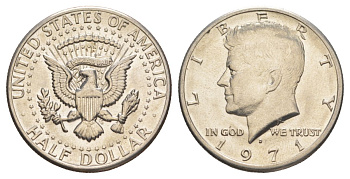 США 1/2 доллара (50 центов) 1971 D, Джон Кеннеди KM 202b медь плакированная медно-никелем aUNC 69-846