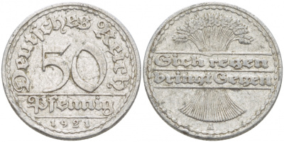 Германия 50 пфеннигов 1921 A KM 27, J.301, Weege 10 алюминий 77-953