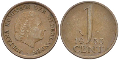 Нидерланды 1 цент 1963 Юлиана (1948-1980) KM 180 бронза 66-917