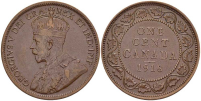 Канада 1 цент 1918 Георг V (1910-1936), большой формат KM 21 бронза 117-926