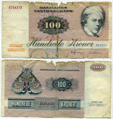 Дания 100 крон 1986 Йенс Юль, бабочка, Prefix D0 Pick 51 o бумага 7219-34-2-1