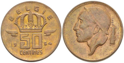 БЕЛЬГИЯ 50 САНТИМОВ 1964 BELGIE, БОДУЭН I (1951-1993) KM 149.1 бронза 206-143
