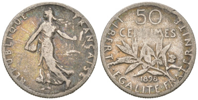 Франция 50 сантимов 1898 KM 854 серебро 4611-1126