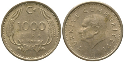 Турция 1000 лир 1991 Кемаль Ататюрк KM 997 медь цинк никель 4561-513
